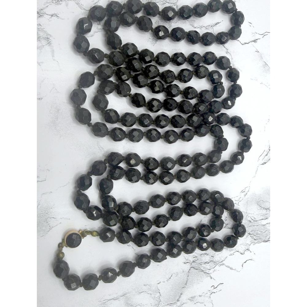 Vintage Made in Austria 56" Black Faceted Glass Bead Necklace Signed